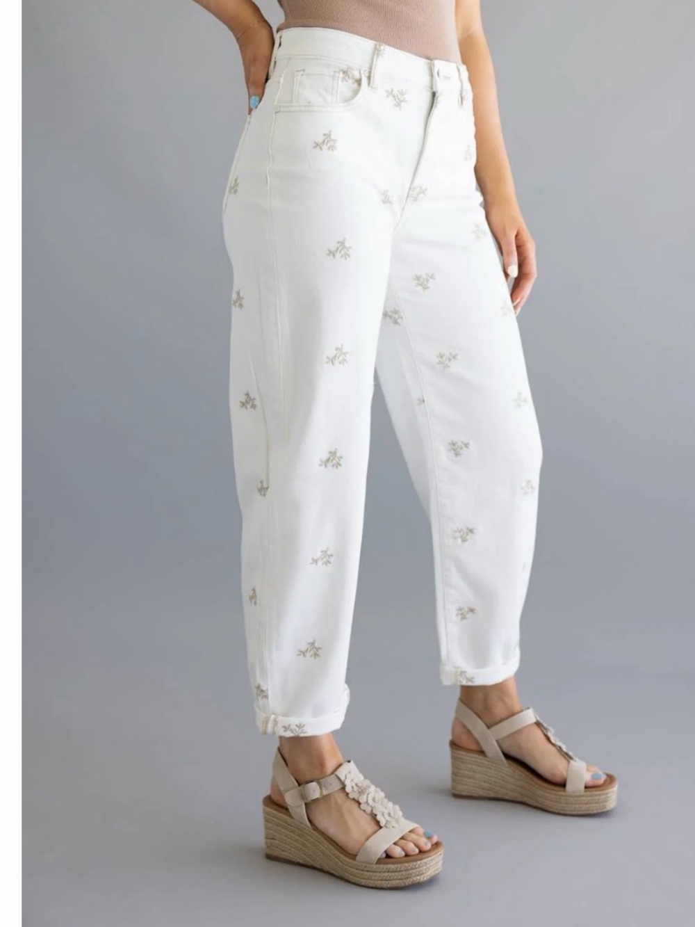 Risen High Rise Leaf
Embroidered Barrel Jeans for Women in Cream